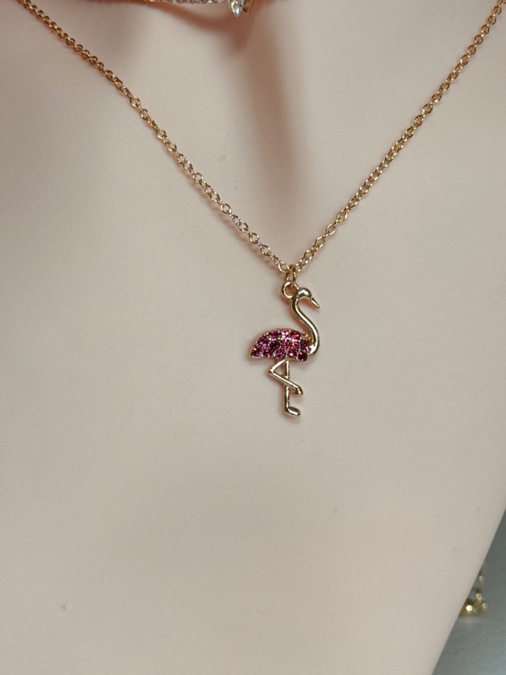 Gold Flamingo Pendant Necklace with Pink Stones - Picture 5 of 9